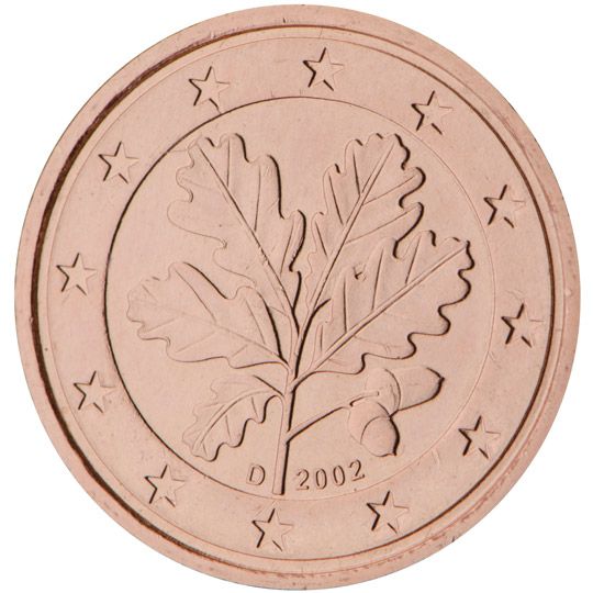 Reverso de la moneda de un céntimo de euro acuñada en Alemania en el 2002 a partir de un diseño de Rolf Lederbogen (Fuente: www.ecb.europa.eu)