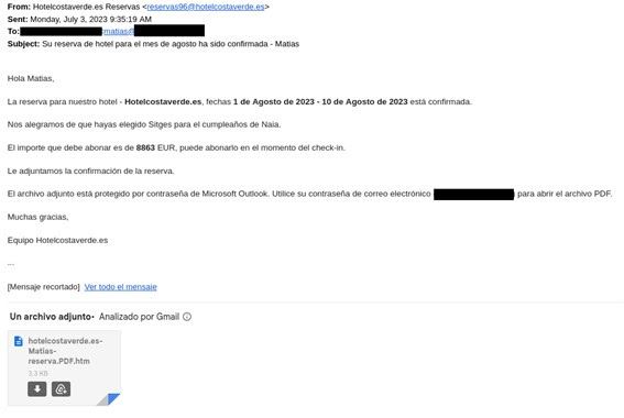 Correo de falsa reserva de hotel. Fuente ESET España.