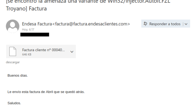 Correo electrónico de la nueva campaña de phishing que suplanta a Endesa (Foto ESET)