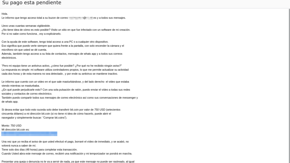 Segundo ejemplo de correo electrónico fraudulento que extorsiona a los destinatarios reclamándoles un pago a cambio de no divulgar supuestas grabaciones íntimas (Foto INCIBE)