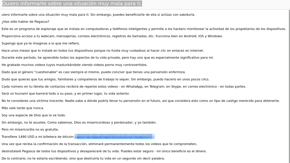 Primer ejemplo de correo electrónico fraudulento que extorsiona a los destinatarios reclamándoles un pago a cambio de no divulgar supuestas grabaciones íntimas (Foto INCIBE)