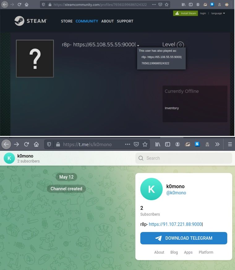 Perfil de usuario en Steam y canal de Telegram usados como centros de mando y control en este campaña (Fuente ESET)