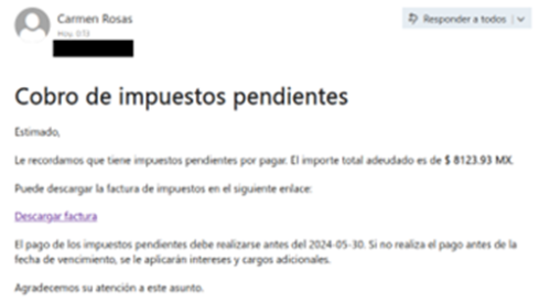 Correo electrónico de phishing que informa de un supuesto cobro de impuestos pendientes (Foto de ESET)