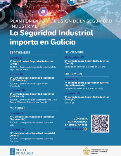 Cartel del ciclo de jornadas "La seguridad industrial importa en Galicia", organizadas por la Xunta y por el Ilustre Colegio Oficial de Ingenieros Industriales de Galicia