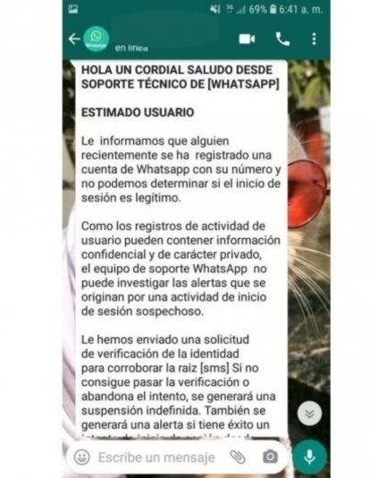 Captura de un mensaje de WhatsApp en el que se suplanta al servicio técnico de la aplicación para estafar a los usuarios | Foto: Jefatura Superior de Policía de La Rioja