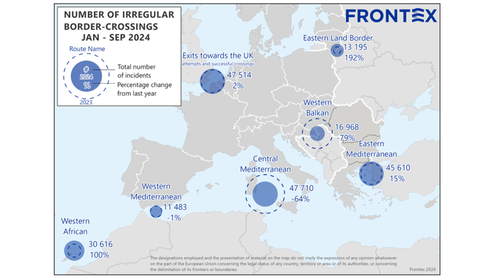 Mapa resumen del informe sobre migraciones irregulares hacia Europa de los 9 primeros meses de 2024 de FRONTEX | Fuente: FRONTEX