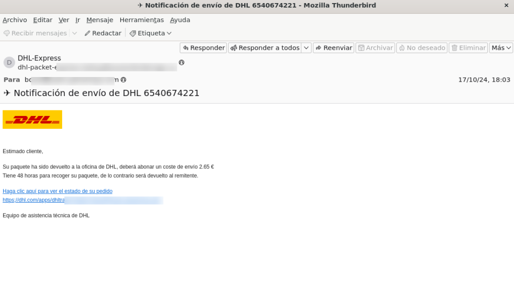 Correo electrónico malicioso que suplanta la identidad de DHL | Fuente: Incibe