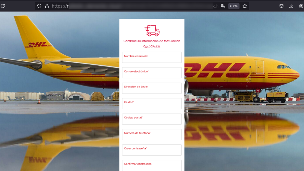 Página web fraudulenta que simula ser la legítima de DHL | Fuente: Incibe