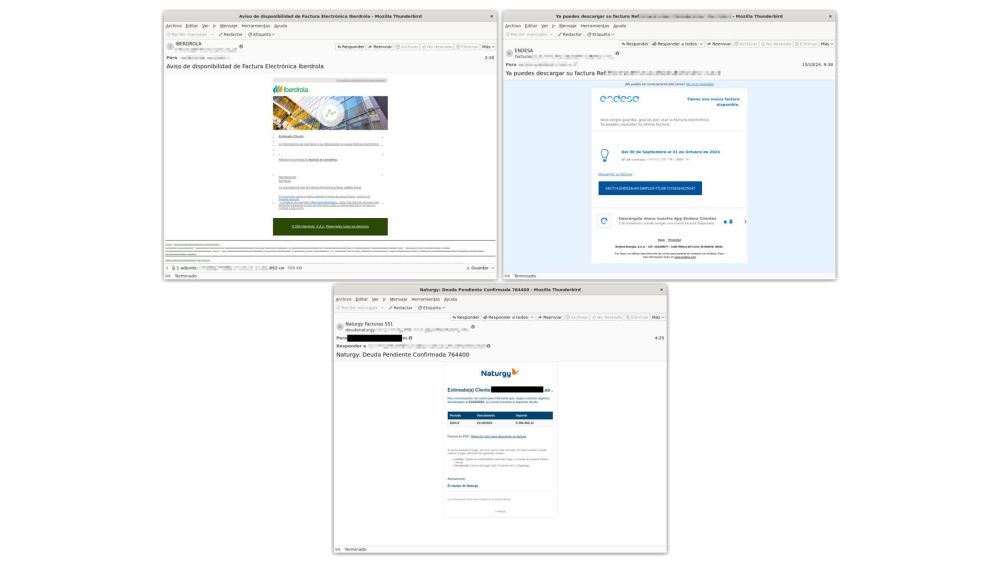 Correos electrónicos de las nuevas campañas de phishing que distribuyen el troyano bancario Grandoreiro suplantando a Iberdrola, Endesa y Naturgy Fuente Incibe2