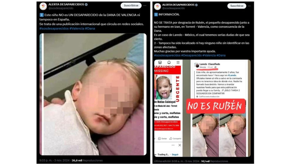 Publicaciones de SOS Desaparecidos en X desmintiendo el falso hallazgo de Rubén, uno de los niños desaparecidos por la DANA