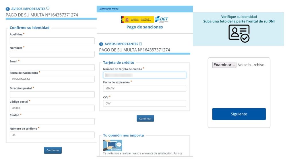 Capturas de la página web fraudulenta que imita a la oficial de la DGT para robar datos a los usuarios | Fuente: Incibe