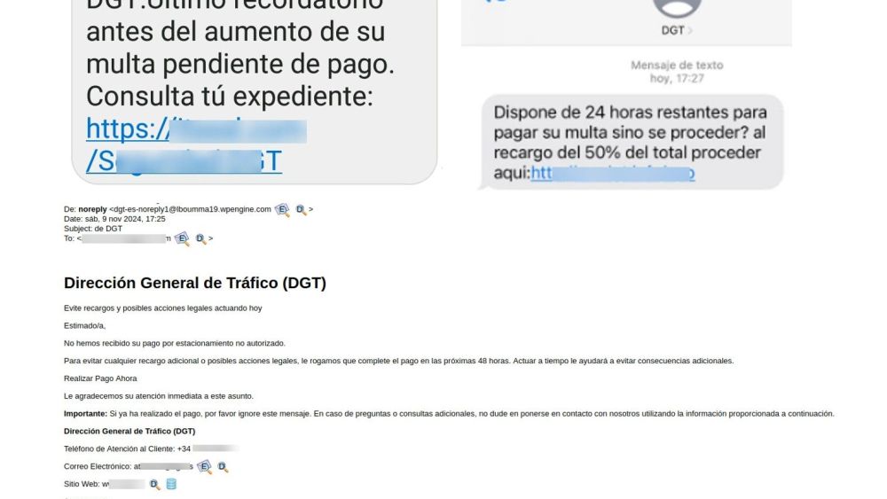 SMS y correo electrónico malicioso de las campañas que suplantan a la DGT | Fuente: Incibe