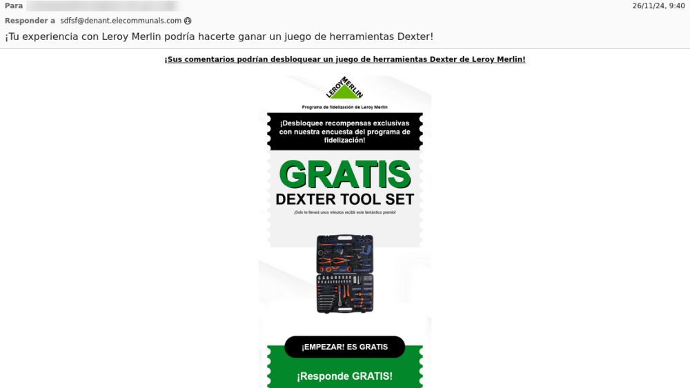 Correo electrónico de la campaña de phishing que suplanta a Leroy Merlin | Fuente: Incibe